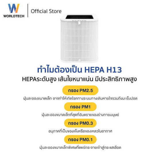 Worldtech  ไส้กรองเครื่องฟอกอากาศ HEPA 13  รุ่น WT-P120-Filter