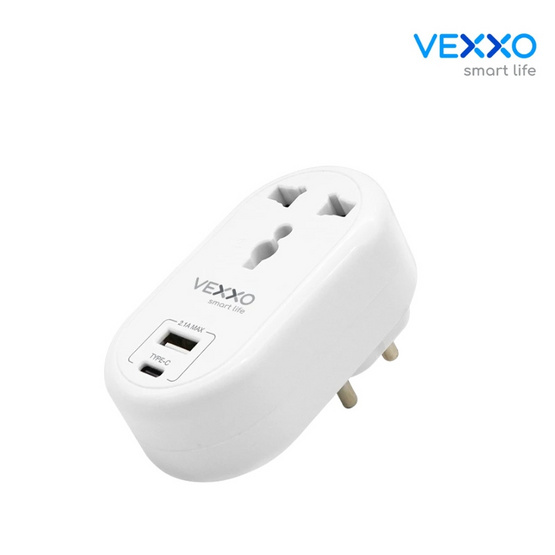 VEXXO แปลงปลั๊ก 2 ขากลม 1 ช่องเสียบ 1 USB 1 Type C