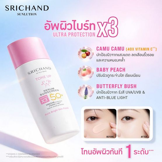 ศรีจันทร์ ซันลูชั่น โทน อัพ เซรั่ม ซันสกรีน SPF50+ PA++++ 40 มล.