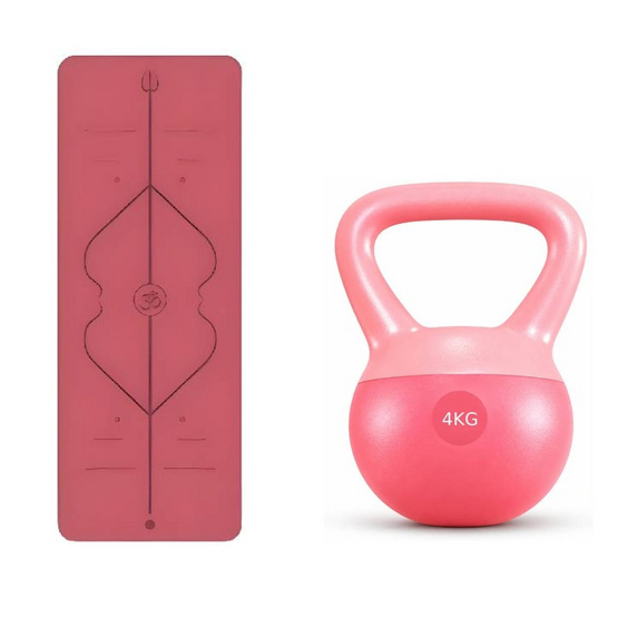 TS เสื่อโยคะลายเส้น ยางพารา PU สีชมพูเข้ม + Kettlebell PVC แบบนุ่ม 4 kg ชมพู