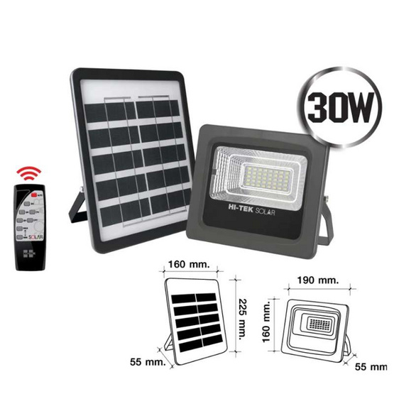 HI-TEK โคมไฟฝลัดไลท์โซล่า LED 30W สีเทา พร้อมรีโมท แสงขาว
