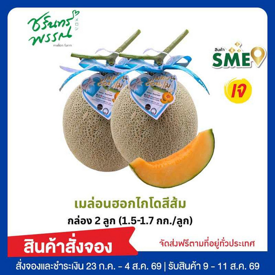 ไร่ชรินทร์พรรณ เมล่อนฮอกไกโดพรีเมียม สีส้ม  (1.5-1.7 กก./ลูก) กล่อง 2 ลูก