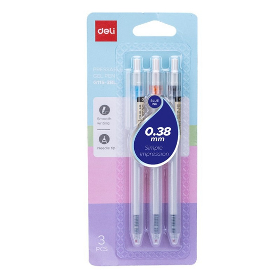 Deli ปากกาเจล 0.38 มม. หมึกน้ำเงิน No.G115-3BL แพ็ก3 (3 แพ็ก 9 ด้าม)