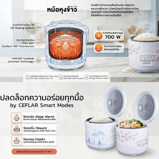 Ceflar หม้อหุงข้าว ขนาด 1.8 ลิตร รุ่น RC-180