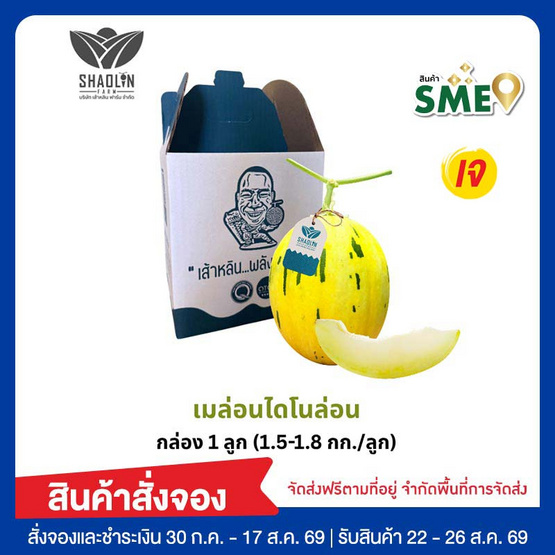 เส้าหลินฟาร์ม เมล่อนสายพันธุ์ไดโนล่อน (1.5-1.8 กก./ลูก) กล่อง 1 ลูก