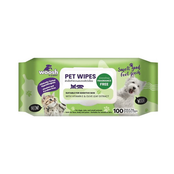 WOOSH PET ผ้าเช็ดทำความสะอาดสัตว์เลี้ยงปราศจากกลิ่นน้ำหอม 100แผ่น