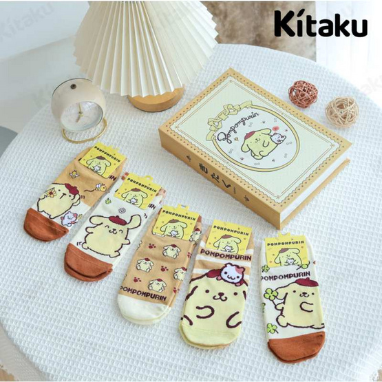 Kitaku Pompompurin ถุงเท้าลิขสิทธิ์แท้ กล่องหนังสือ Set Box 1 กล่อง มี 5 คู่