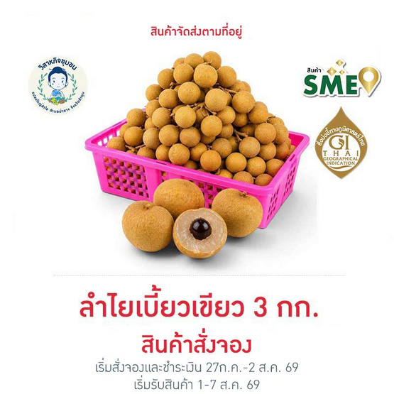 ลำไยสดพันธุ์เบี้ยวเขียว 3 กก. แปลงใหญ่ลำพูน