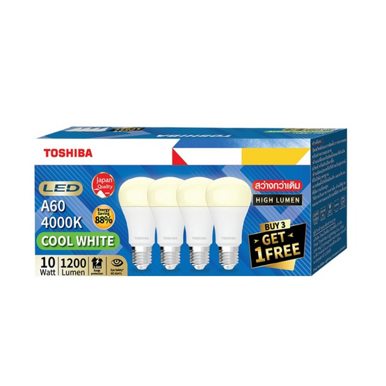 TOSHIBA หลอดไฟ LED High Lumen 10 วัตต์ แพ็ก 4 แสงคูลไวท์ 4000K