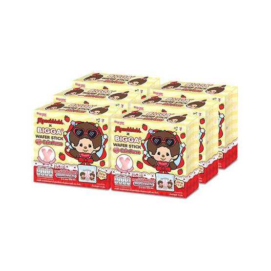 บิ๊กก้า เวเฟอร์รสสตรอเบอร์รี่พร้อมกระเป๋าเหรียญมอนชิชิ คละแบบ 15 กรัม (แพ็ก 6 ชิ้น)