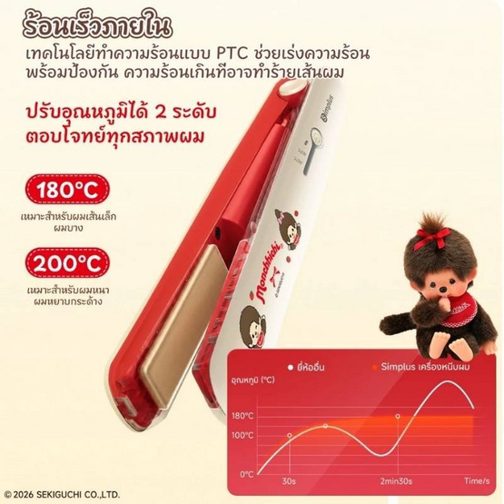 Simplus X Monchhichi เครื่องหนีบผมไร้สาย 10 วัตต์ รุ่น ZFBA008CRLT-MC ครีม-แดง