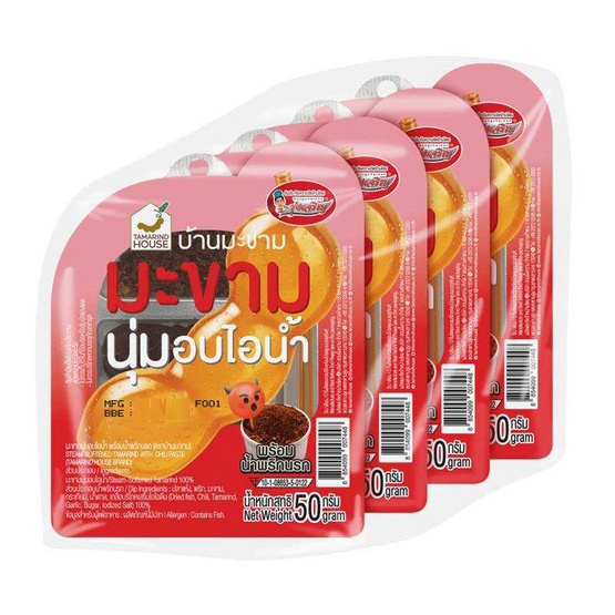 บ้านมะขาม มะขามนุ่มอบไอน้ำพร้อมน้ำพริกนรกรุ่งเจริญ 50 กรัม (แพ็ก 4 ชิ้น)