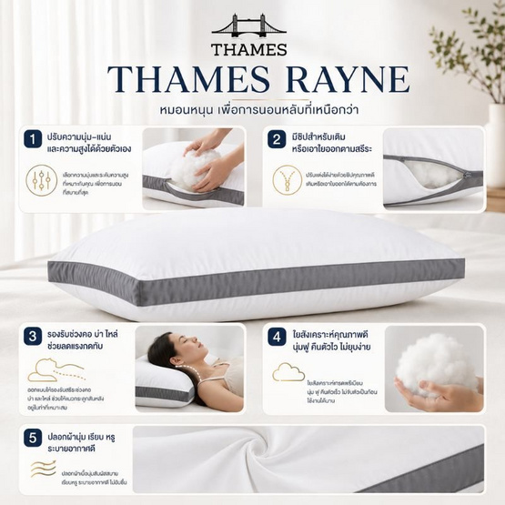 THAMES หมอนหนุน รุ่น RAYNE เลือกระดับได้ รองรับสรีระ
