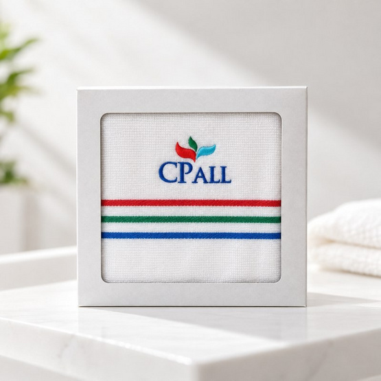 กล่องของขวัญ ผ้าเช็ดผม CP ALL สีขาว ขนาด 15x30นิ้ว
