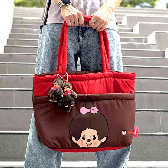 กระเป๋าสะพายนุ่มนิ่ม 7-Eleven Monchhichi ลายโบว์ (สีน้ำตาล-แดง)