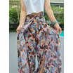 Fashion กางเกงขายาวผูกเอว ลายใบไม้ สีฟ้าคราม สวมใส่สบาย ไม่ร้อน