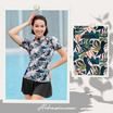 Alohaswimwear เซ็ตชุดว่ายน้ำ เสื้อแขนสั้นลายทรอปิคอล พร้อมกระโปรงสีดำ