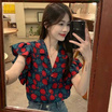 Forever25 เสื้อลายดอกแดงแขนระบาย คอปกวี