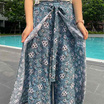 กางเกงขายาวผูกเอว ลายดอกไม้ สีฟ้า